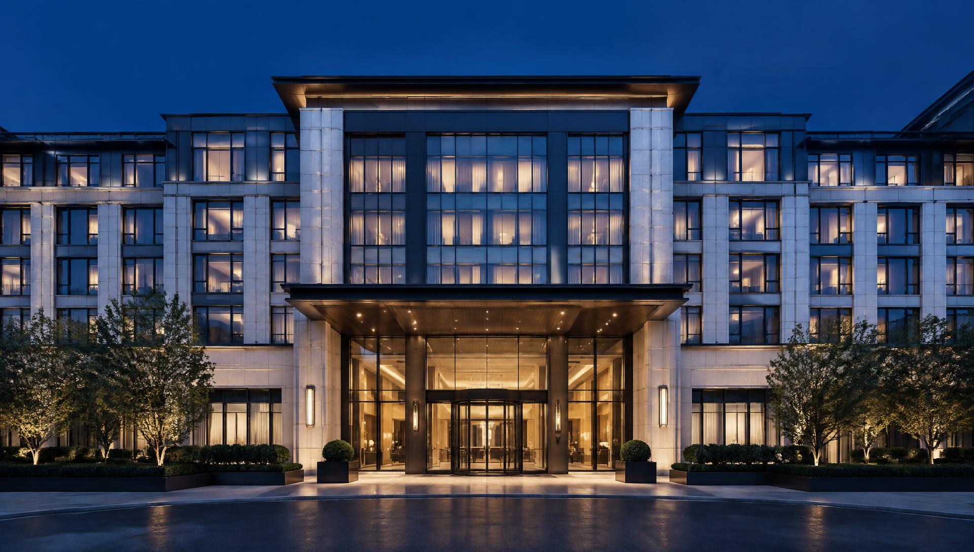 Modern five-star hotel and residence building at blue hour